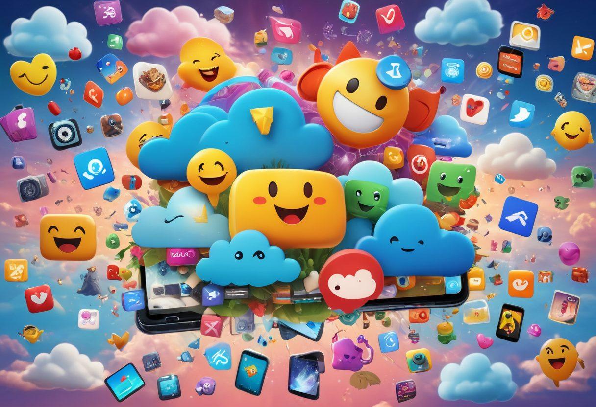 A vibrant, colorful collage depicting a variety of happy mobile apps and gaming icons, surrounded by joyful characters enjoying their devices. Include elements like laughter, emojis, and bright landscapes to illustrate positivity and fun. The background should be lively and uplifting, with soft sunlight filtering through whimsical clouds. super-realistic. vibrant colors. 3D.