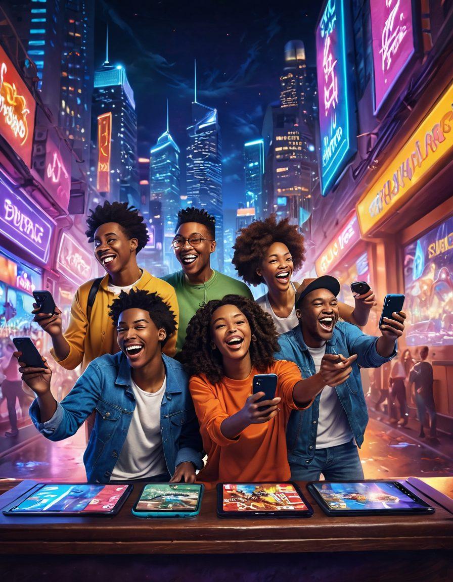 An energetic scene depicting a diverse group of friends immersed in playing mobile games, with colorful smartphones glowing in their hands. The background features a vibrant cityscape filled with arcade neon lights, suggesting fun and excitement. Show expressions of joy and laughter on their faces, while whimsical graphics from various games float around them, creating a sense of fantasy and adventure. Incorporate dynamic movement to convey action and engagement. super-realistic. vibrant colors. energetic atmosphere.