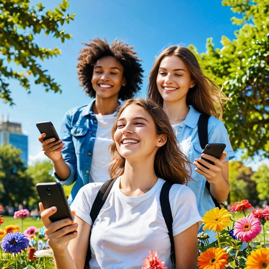 A person joyfully using a smartphone in a sunlit park, surrounded by vibrant flowers and smiling friends, showing various app icons floating around representing happiness and productivity. Bright blue sky and fluffy clouds in the background to evoke a cheerful atmosphere. super-realistic. vibrant colors. white background.